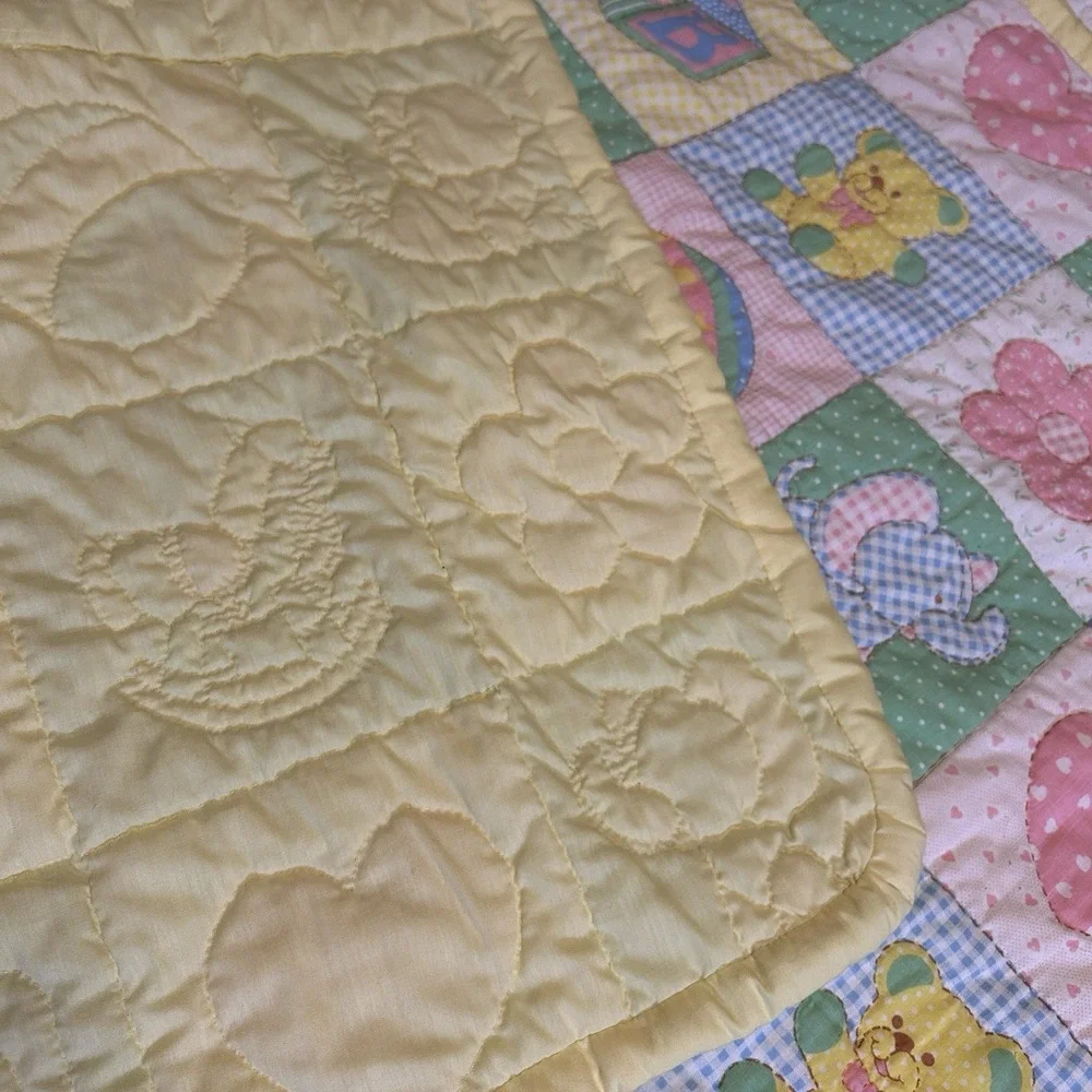 VTG Baby Blanket Pastel Animals Toys Flower Hand Stitched Quilted 80s Nursery